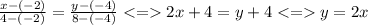 \frac{x - (-2)}{4 - (-2)} = \frac{y - (-4)}{8 - (-4)} 2x + 4 = y + 4 y = 2x