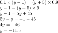 0.1 \times (y - 1) = (y + 5) \times 0.9 \\ y - 1 = (y + 5) \times 9 \\ y - 1 = 5y + 45 \\ 5y - y = - 1 - 45 \\ 4y = - 46 \\ y = - 11.5