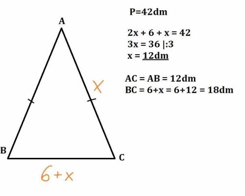 Периметр равнобедреного тряугольника 42 дм , а основание на 6 дм больше боковой стороны найдите стор