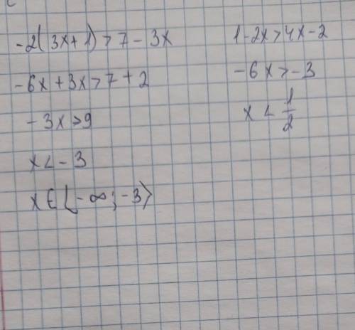Решите систему неравенств {-2(3х+1)>7-3х 1-2х>4х-2​
