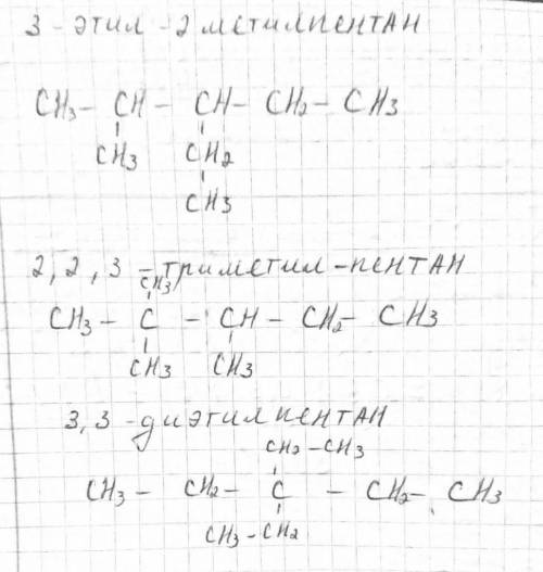 Структурні формули:3-етил-2метилпентан; 2,2,3-триметил-пентан; 3,3-діетилпентан.
