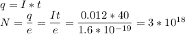 q = I*t \\N = \dfrac q e = \dfrac{It}{e} = \dfrac{0.012*40}{1.6*10^{-19}} = 3*10^{18}