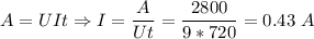 A = UIt \Rightarrow I = \dfrac{A}{Ut} = \dfrac{2800}{9*720} = 0.43~A