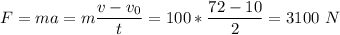 F = ma = m\dfrac{v - v_0}{t} = 100*\dfrac{72 - 10}{2} = 3100~N