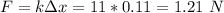 F = k\Delta x = 11 * 0.11 = 1.21~N