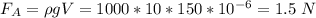 F_A = \rho g V = 1000*10*150*10^{-6} = 1.5~N