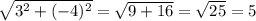 \sqrt{3^{2} + (-4)^{2}} = \sqrt{9 + 16} = \sqrt{25} = 5