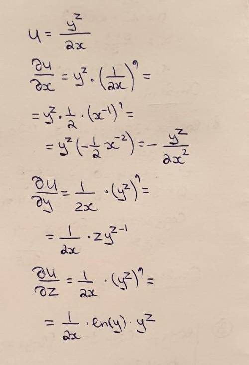 Необходимо найти частные производные первого порядка. Расписать максимально подробно 1) u=y^z/2*x