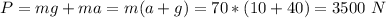 P = mg + ma = m (a + g) = 70* (10 + 40) = 3500~N