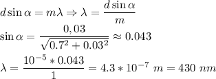 d\sin\alpha = m\lambda \Rightarrow \lambda = \dfrac{d\sin\alpha}{m}\\\sin\alpha = \dfrac{0,03}{\sqrt{0.7^2+0.03^2}} \approx 0.043\\\\\lambda = \dfrac{10^{-5}*0.043}{1} = 4.3*10^{-7}~m = 430~nm
