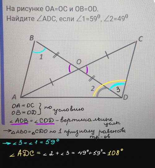 На рисунке OA=OC и OB=OD Найдите угол ADC, если угол 1 равен 59 градусов, угол 2 равен 49 градусов​