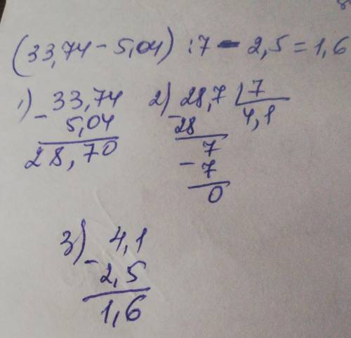 33,74 – 5,04): 7 – 2,5столбиком​