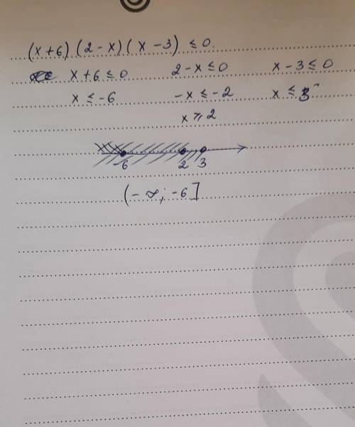Решите неравенства (x +6)*(2-x)(x-3)<_0
