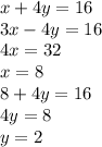 x + 4y = 16 \\ 3x - 4y = 16 \\ 4x = 32 \\ x = 8 \\ 8 + 4y = 16 \\ 4y = 8 \\ y = 2