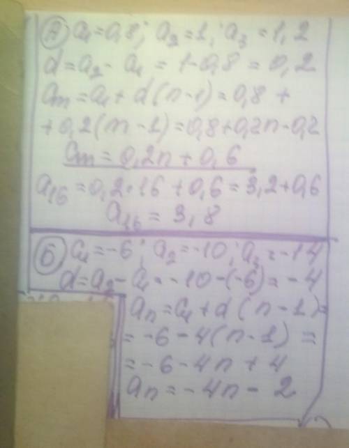 Запишите формулу n-го члена арифмітичної прогресії (Аn) та знайдіть А16 якщо: А)(Аn):0,8;1;1,2;... Б