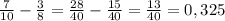 \frac{7}{10}-\frac{3}{8}=\frac{28}{40}-\frac{15}{40}=\frac{13}{40}=0,325