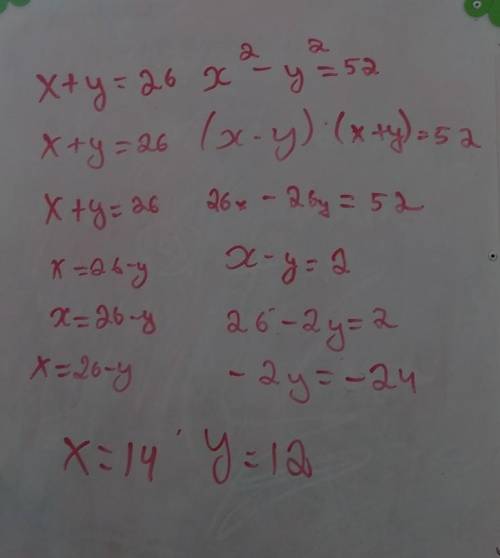 Задачу составления уравнения: Сумма двух чисел равна 26, а разность их квадратов составляет 52. Найд