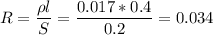 R = \dfrac{\rho l}{S} = \dfrac{0.017*0.4}{0.2} = 0.034