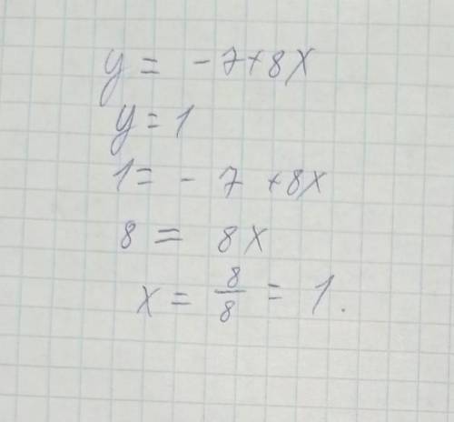 Знайдіть значення аргументу наведеної функції у=-7+8х якщо значення функції дорівнює 1​