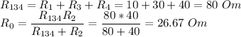 R_{134} = R_1 + R_3 + R_4 = 10+30+40 = 80~Om\\R_0 = \dfrac{R_{134}R_2}{R_{134} + R_2} = \dfrac{80*40}{80+40} = 26.67~Om