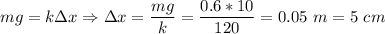 mg = k\Delta x \Rightarrow \Delta x = \dfrac{mg}{k} = \dfrac{0.6*10}{120} = 0.05~m = 5~cm