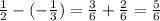 \frac{1}{2} - ( - \frac{1}{3} ) = \frac{3}{6} + \frac{2}{6} = \frac{5}{6}