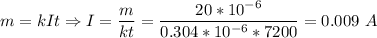 m = kIt \Rightarrow I = \dfrac{m}{kt} = \dfrac{20*10^{-6}}{0.304*10^{-6}*7200} = 0.009~A