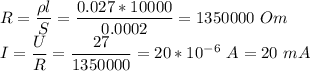 R = \dfrac{\rho l}{S} = \dfrac{0.027*10000}{0.0002} = 1350000~Om\\I = \dfrac U R = \dfrac{27}{1350000} = 20*10^{-6}~A = 20~mA