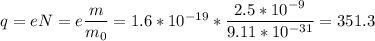 q = eN = e\dfrac m{m_0} = 1.6*10^{-19}*\dfrac {2.5*10^{-9}}{9.11*10^{-31}} = 351.3