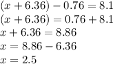 (x + 6.36) - 0.76 = 8.1 \\ (x + 6.36) = 0.76 + 8.1 \\ x + 6.36 = 8.86 \\ x = 8.86 - 6.36 \\ x = 2.5