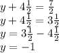 y+4\frac{1}{2} =\frac{7}{2} \\y+4\frac{1}{2}=3\frac{1}{2} \\y=3\frac{1}{2}-4\frac{1}{2}\\y=-1