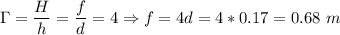 \Gamma = \dfrac H h = \dfrac f d = 4 \Rightarrow f = 4d = 4*0.17 = 0.68~m