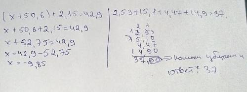 Рішити рівняння (X+50,6)+2,15=42,9 Та 2,53+15,1+4,47+14,9
