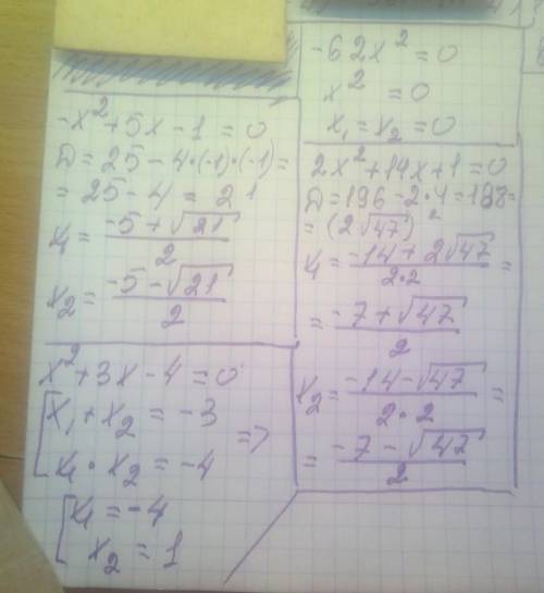 Хэлп Реши уравнения:1) — х² + 5х – 1 = 0;2) - 62x² = 0;3) 2x² + 14х + 1 = 0;4) х²+ 3х – 4 = 0;​