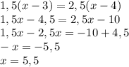 1,5(x-3)=2,5(x-4)\\1,5x-4,5=2,5x-10\\1,5x-2,5x = -10+4,5\\-x=-5,5\\x=5,5