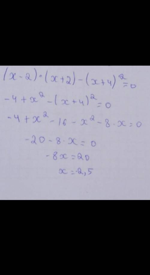 ВЫПОЛНЕНИЕ: ТЕКСТ ЗАДАНИЯРешите уравнение: (x–2)(x+2)–(x+4)² =0(Решение пиши в тетради и добавь в фа