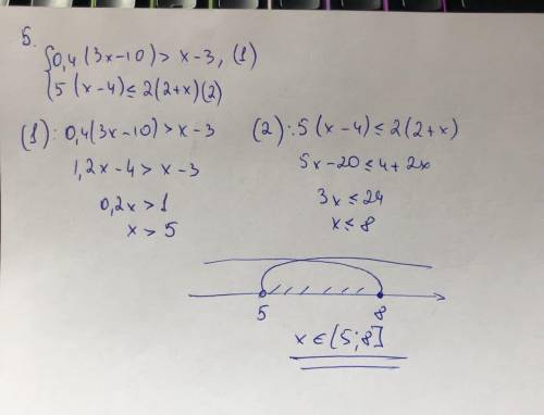 {0,4(3x-10)>x-3 {5(x-4)<2(2+x)