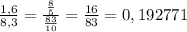 \frac{1,6}{8,3} =\frac{\frac{8}{5} }{\frac{83}{10} } =\frac{16}{83} =0,192771