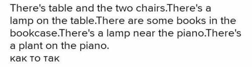 There is a table the two chairs. 2.There is a lamp the table.3.There is a chair the bookcase.Ther