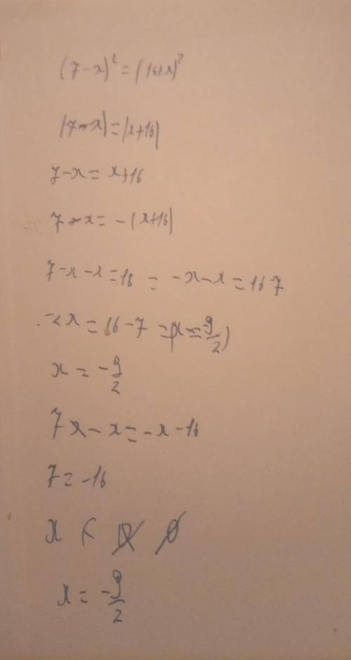 Решите уравнение (7-х)^2=(х+16)^2​