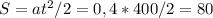 S = at^2/2 = 0,4 * 400 / 2 = 80