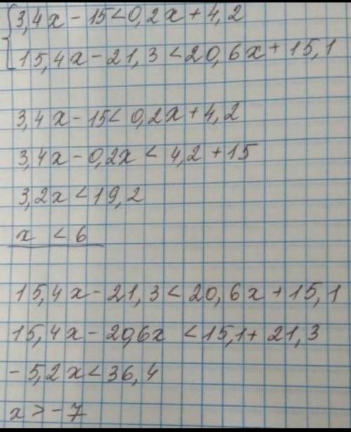 Решите систему неравенств. 3,4x−15≤ 0,2x+ 4,2 15,4x−21,3< 20,6x+ 15,1.
