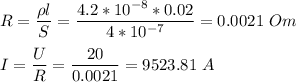 R = \dfrac{\rho l}{S} = \dfrac{4.2*10^{-8} * 0.02}{4*10^{-7}} = 0.0021~Om\\\\I = \dfrac U R = \dfrac{20}{0.0021} = 9523.81~A