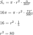 S_c=\pi \cdot r^2 \cdot \frac{\alpha}{360^o} \\ \\ 16\pi=\pi\cdot r^2\cdot \frac{72^o}{360^o} \\ \\ 16 =r^2 \cdot \frac{1}{5} \\ \\ r^2 =80