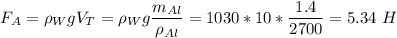 F_A = \rho_W g V_T = \rho_W g \dfrac{m_{Al}}{\rho_{Al}}= 1030*10*\dfrac{1.4}{2700} = 5.34~H