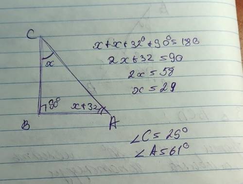 Один з гострих кутів прямокутного трикутника на 32° менше за другий. Знайдить ці кути​