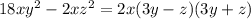 18x {y}^{2} - 2x {z}^{2} = 2x(3y - z)(3y + z)