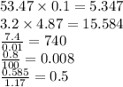 53.47 \times 0.1 = 5.347 \\ 3.2 \times 4.87 = 15.584 \\ \frac{7.4}{0.01} = 740 \\ \frac{0.8}{100} = 0.008 \\ \frac{0.585}{1.17} = 0.5
