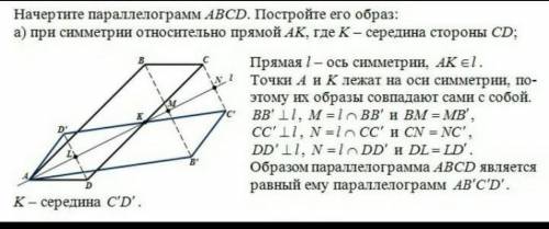 Начертите параллелограмм АВСD. Постройте его образ:а) при симметрии относительно прямой АК, где К –