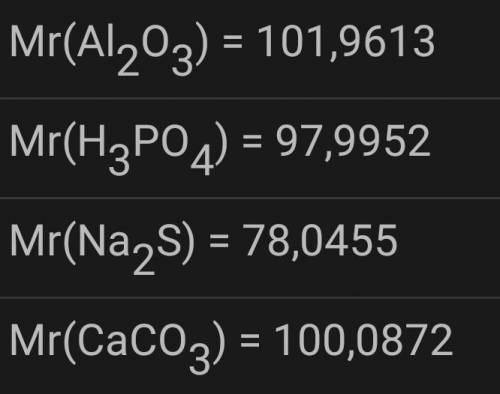 Рассчитайте относительные молекулярные массы соединений: А) CaCO3 Б) Na2S В) Н3PO4 Д) Al2O3